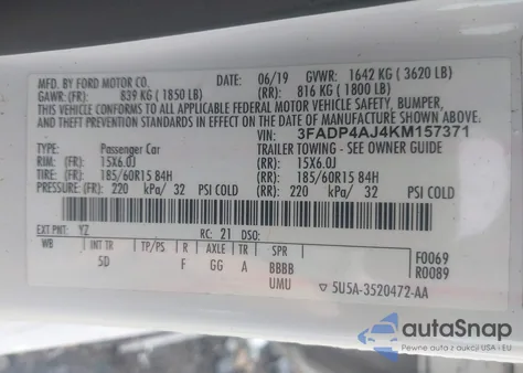2019 Ford Fiesta S z USA, uszkodzony, nr VIN 3FADP4AJ4KM157371